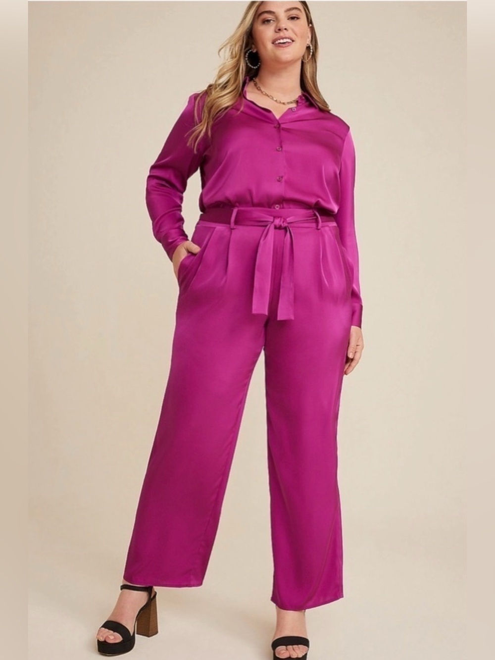 Maurices Magenta Wide Leg Jumpsuit Pants with Tie Waist